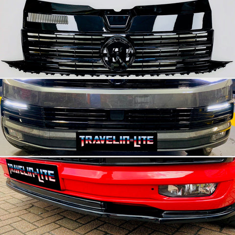T6 Front Grille Lower Grilles DRL Kit & Splitter Gloss Black Radar Sensor