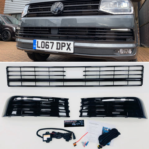T6 Lower Grille & Light Bar Drl Kit Painted Gloss Black Transporter 15 Radar