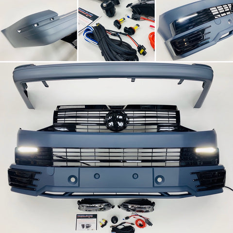 VW T6 Front & Rear Bumper Lower Spoiler Gloss Black Grilles DRL Led Fog Tailgate