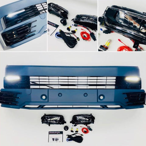 VW T6 Front Bumper Sportline Lower Spoiler Gloss Black DRL Kit & Led Fog Kit