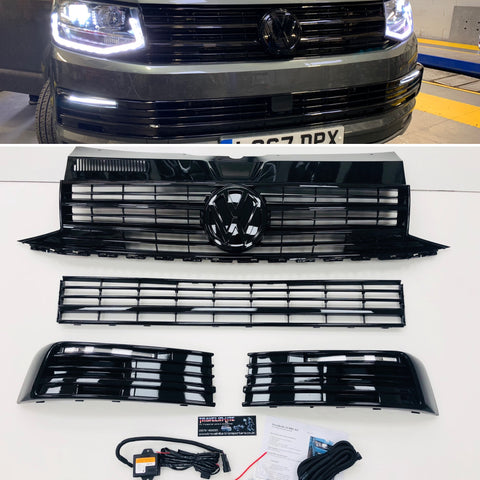 T6 Gloss Black Upper & Lower Grilles With Light Bar DRL Kit 15 Onwards NEW