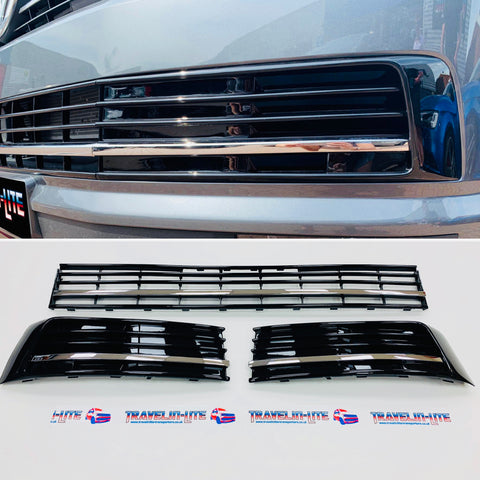 T6 Transporter Gloss Black Lower Grilles 3pcs With Chrome Trims Brand New