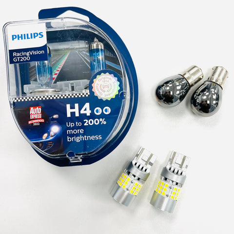 Caddy MK4 Headlights Upgrade Kit DRL Bulbs Philips Racing Vision GT200 H4 & Chrome Indicator Bulbs