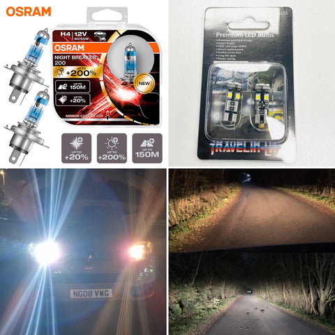 H4 Osram Night Breaker 200 (Pair) & LED side light bulbs – Travelin-Lite